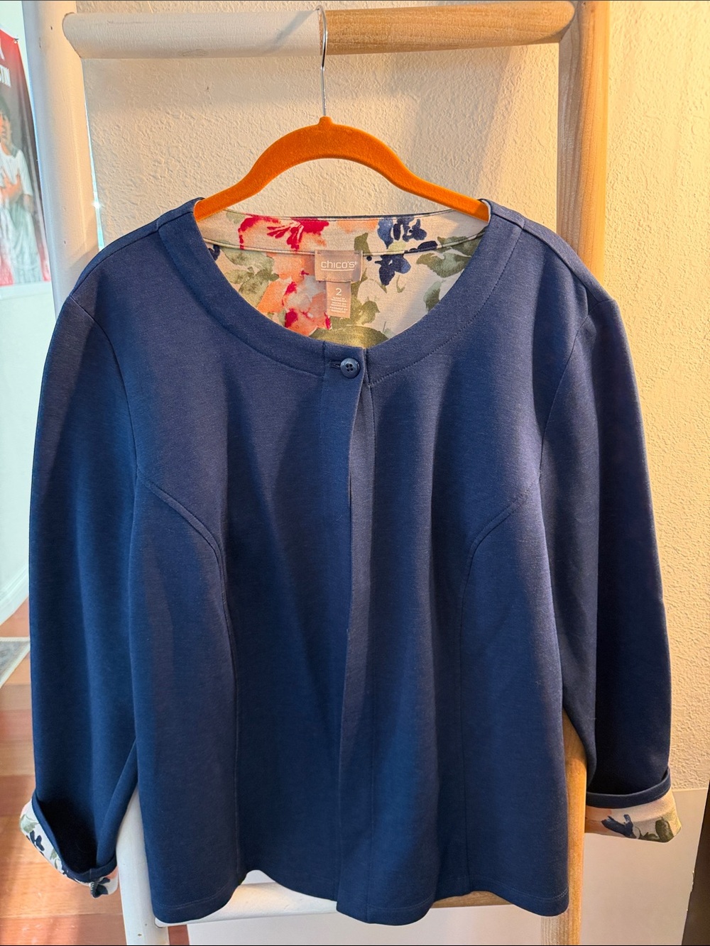 Chico's Navy Button-Front Jacket with Floral Trim Accents
